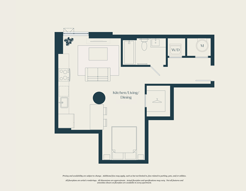 Floor plan for studio, 1 bath, 555 sqft